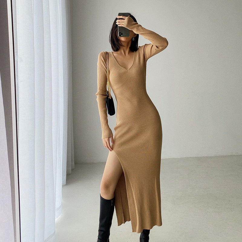 French ins long-sleeved slit high-waist dress women's self-cultivation bag hip long skirt