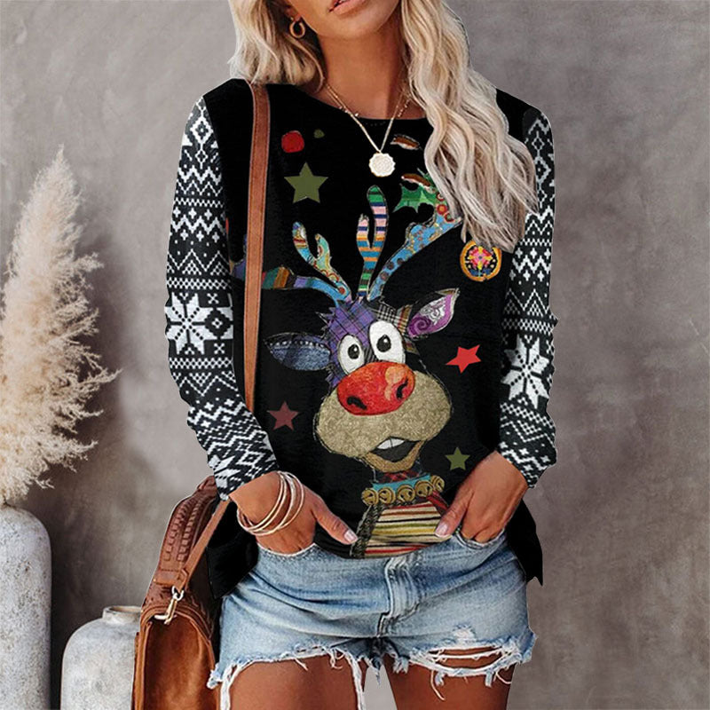 Cross-border European and American women's clothing 8-color round neck Christmas T-shirt printed long-sleeved top