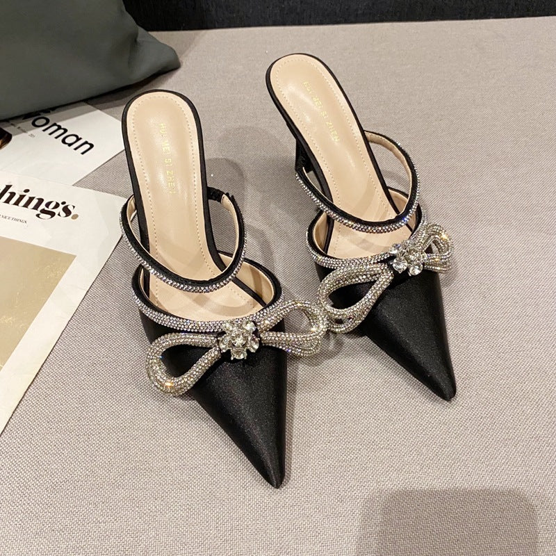 Korean style fashion rhinestone one word with Baotou pointed toe high-heeled sandals and slippers