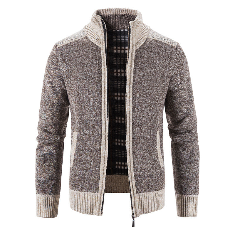 European and American men's clothing plus fleece thick autumn and winter knitted sweater splicing sweater jacket