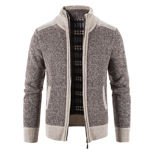 European and American men's clothing plus fleece thick autumn and winter knitted sweater splicing sweater jacket
