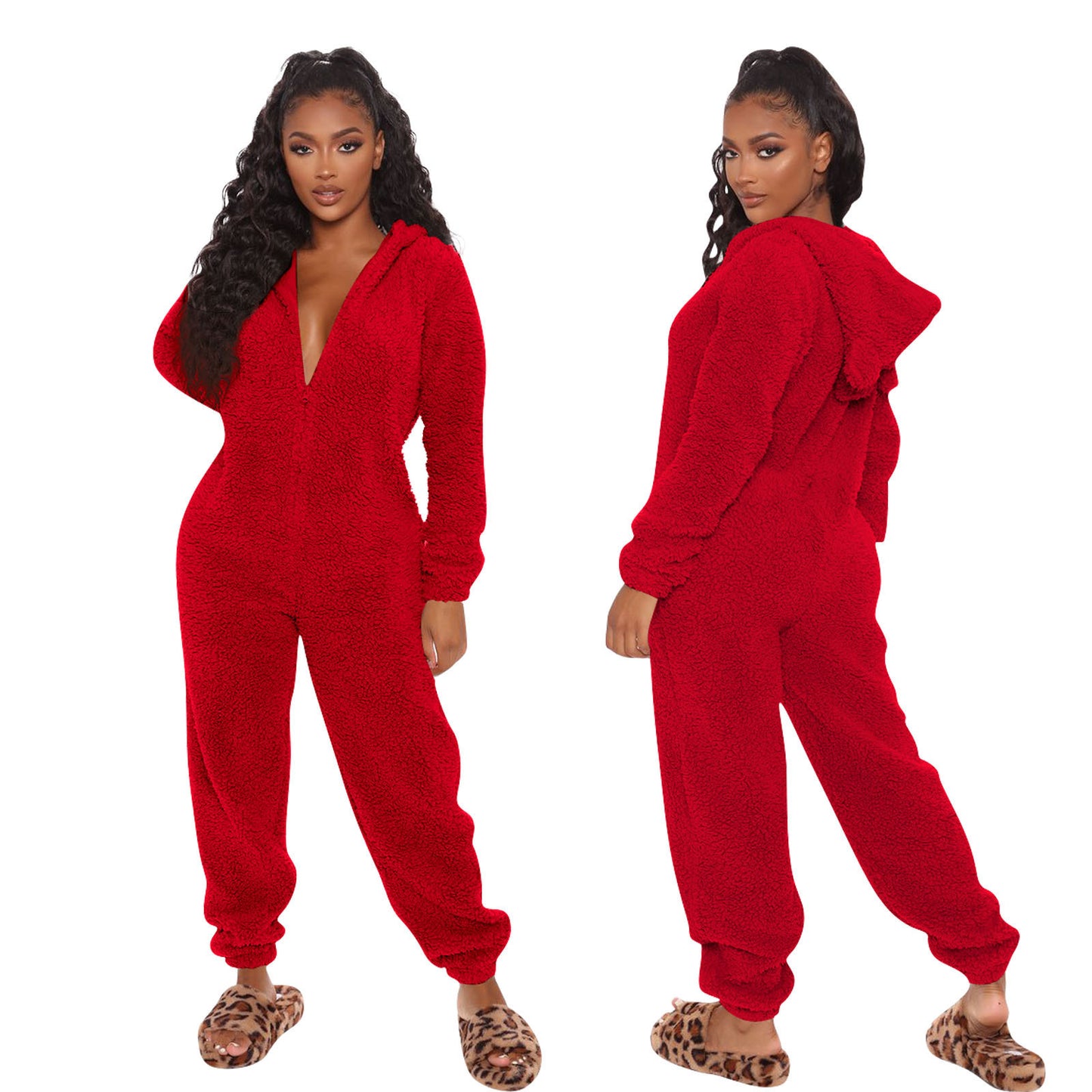 Cross-border new autumn and winter long-sleeved hooded casual jumpsuit trousers plush homewear pajamas cute jumpsuit
