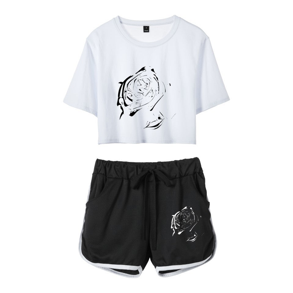 Fashion rapper series around dance cropped navel short-sleeved shorts women's suit T-shirt