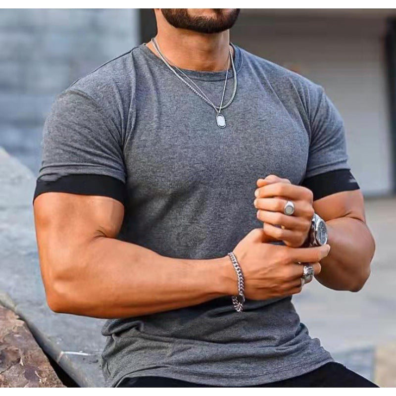 European and American new products muscle fitness short-sleeved t-shirt men's summer moisture wicking round neck top men's casual sports T-shirt