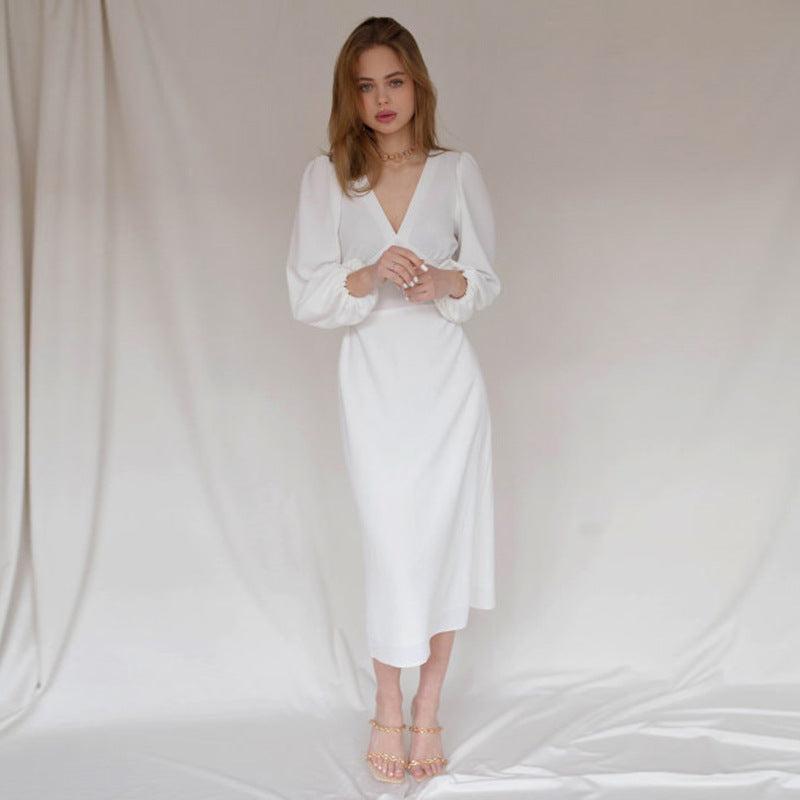 European and American long-sleeved cotton official picture temperament commuter pullover white mid-length dress