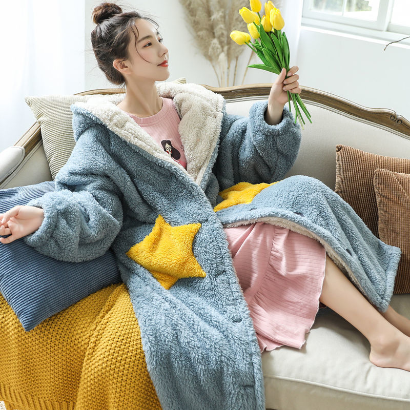 Pajamas women coral fleece stars long style can be worn outside flannel plus size nightgown women winter nightdress home service