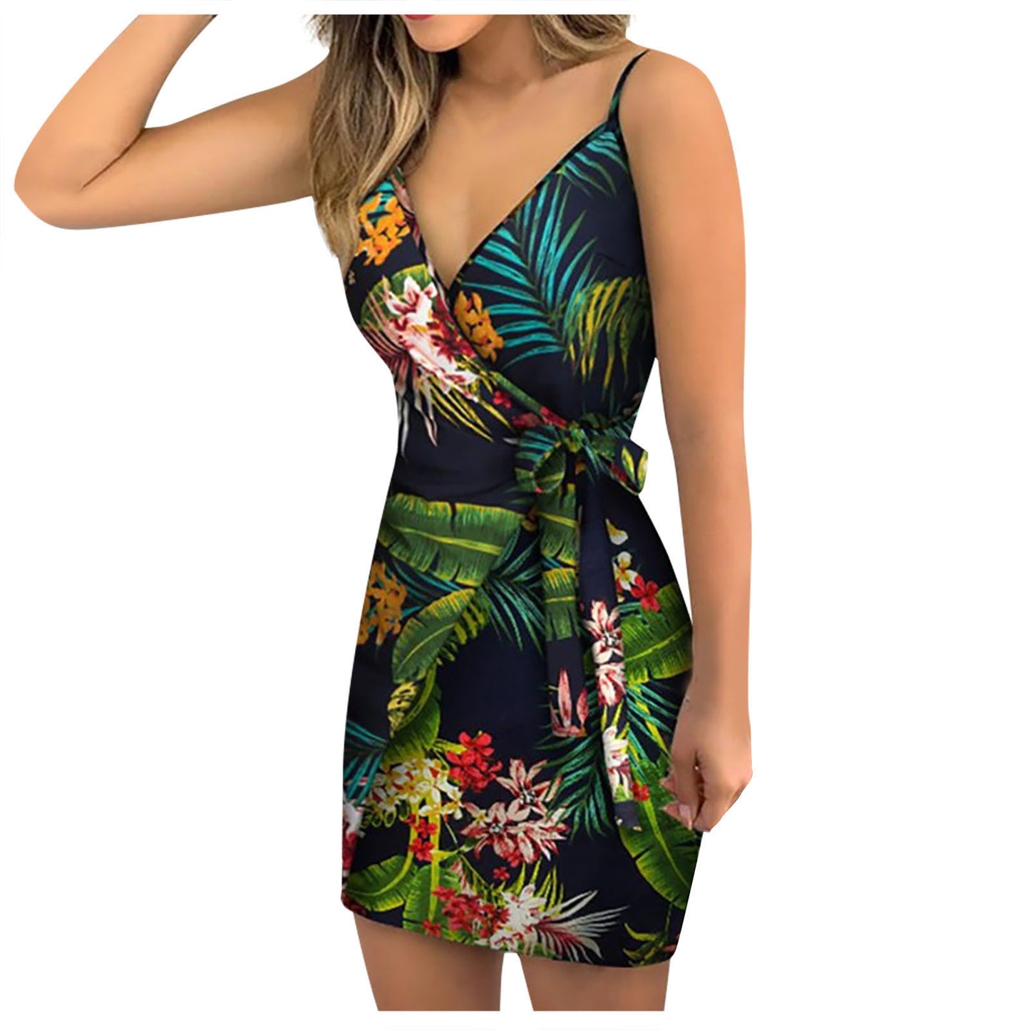 European and American V-neck printed lace-up wrap casual dress