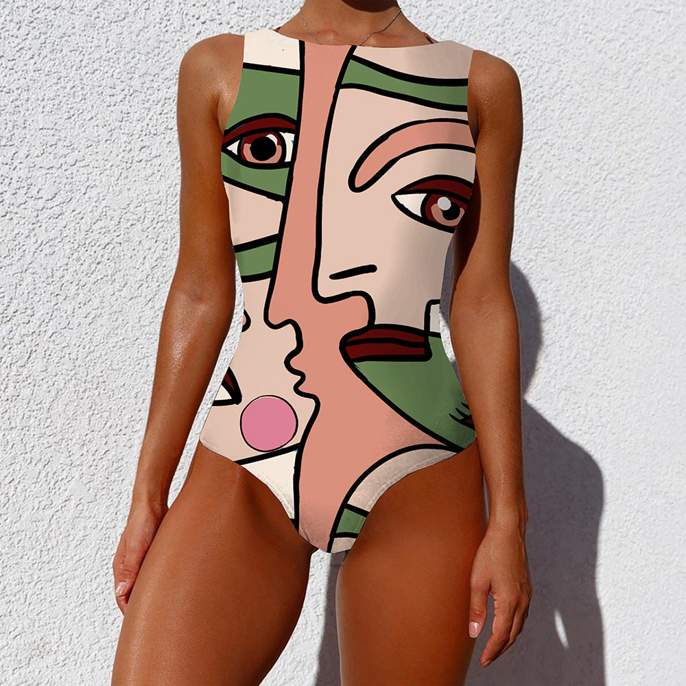 European and American one-piece bikini personality abstract printing independent stand swimsuit