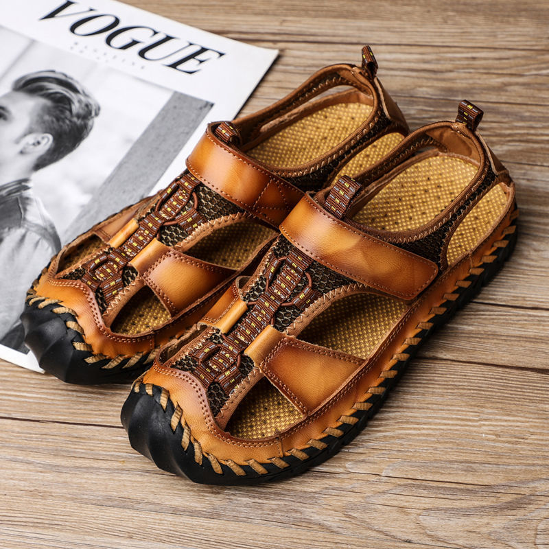 European and American Top layer cowhide sandals men's breathable Baotou men's sandals