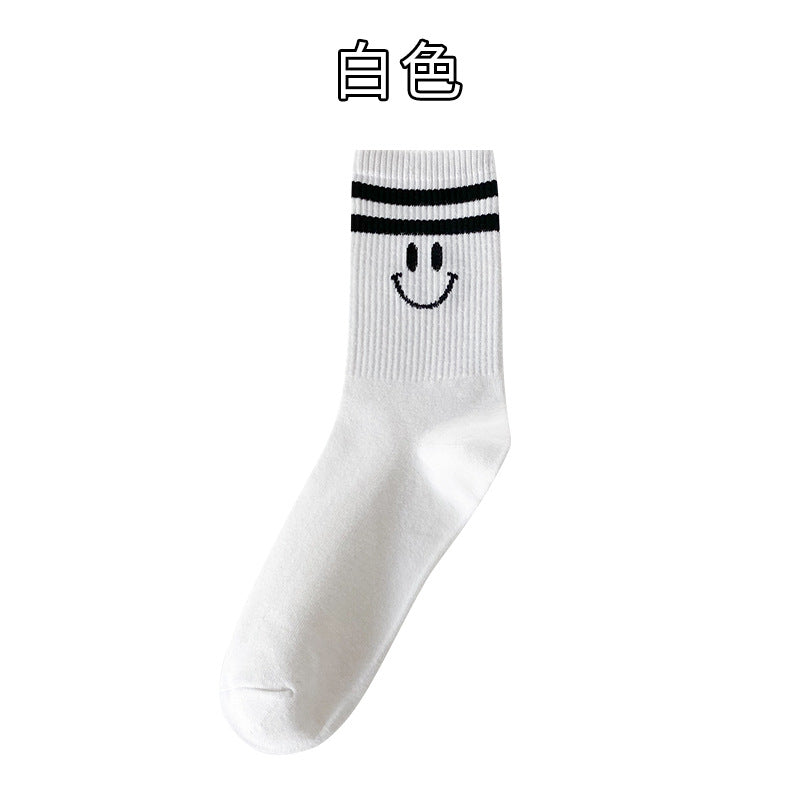 Female cute cotton socks striped tube socks ins tide smiley face two-bar stockings