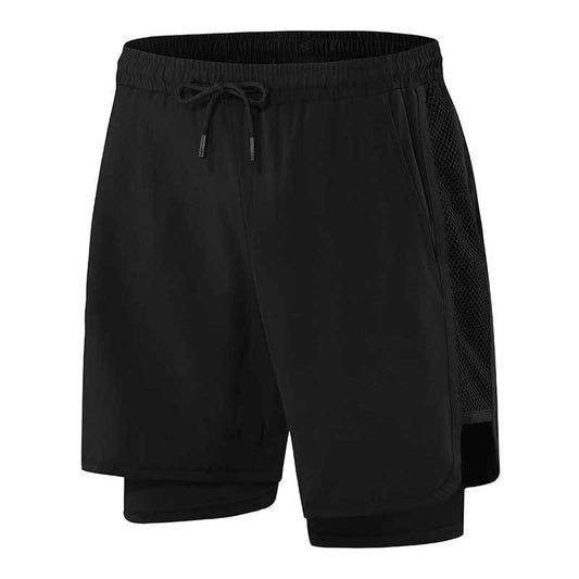 Summer men's sports black moisture-wicking sweatpants stitching net fake two-piece men's shorts