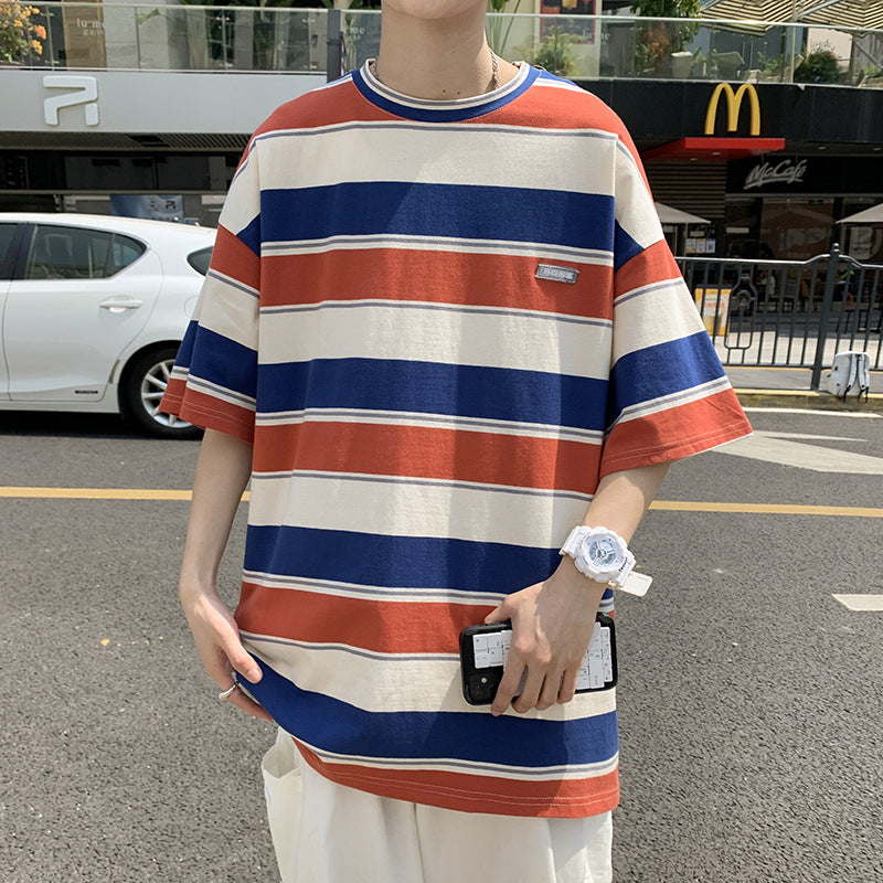 Hong Kong style contrast color striped short-sleeved T-shirt