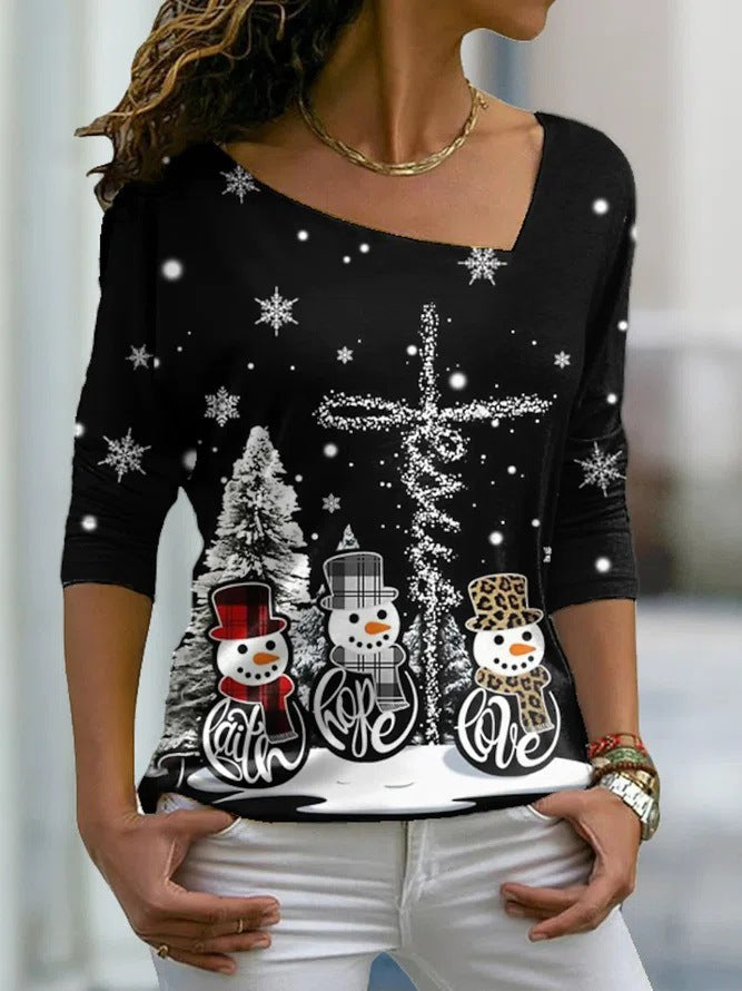 Christmas women's clothing new Christmas elements printed long-sleeved slanted collar pullover ladies T-shirt