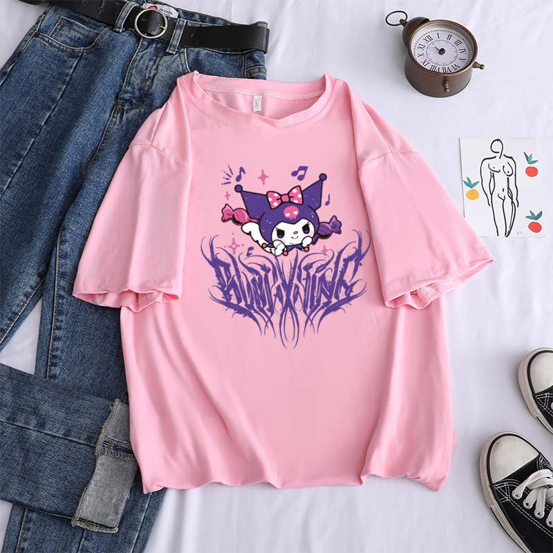 Harajuku cartoon gothic print short-sleeved T-shirt female summer street o neck sweet girl t-shirt