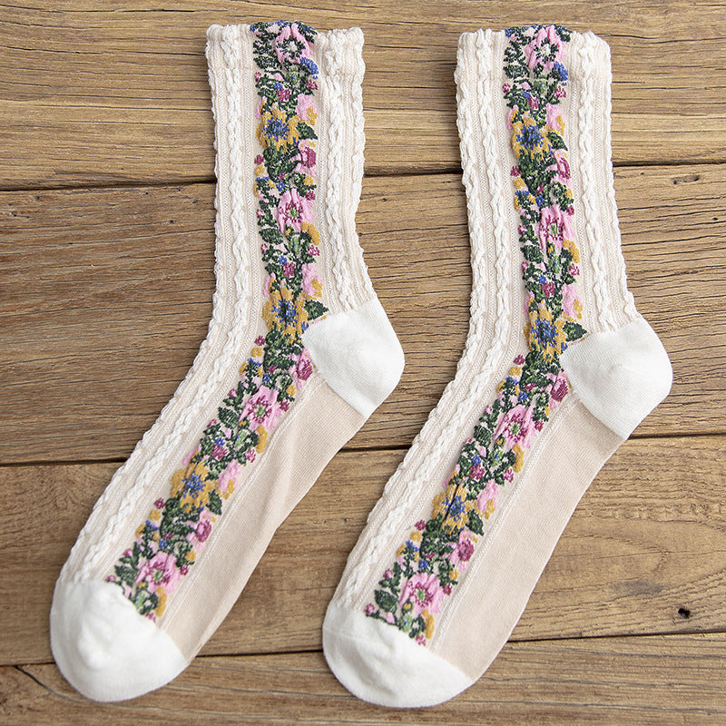 New product linen pattern women's socks retro small floral jacquard fashion socks personalized socks