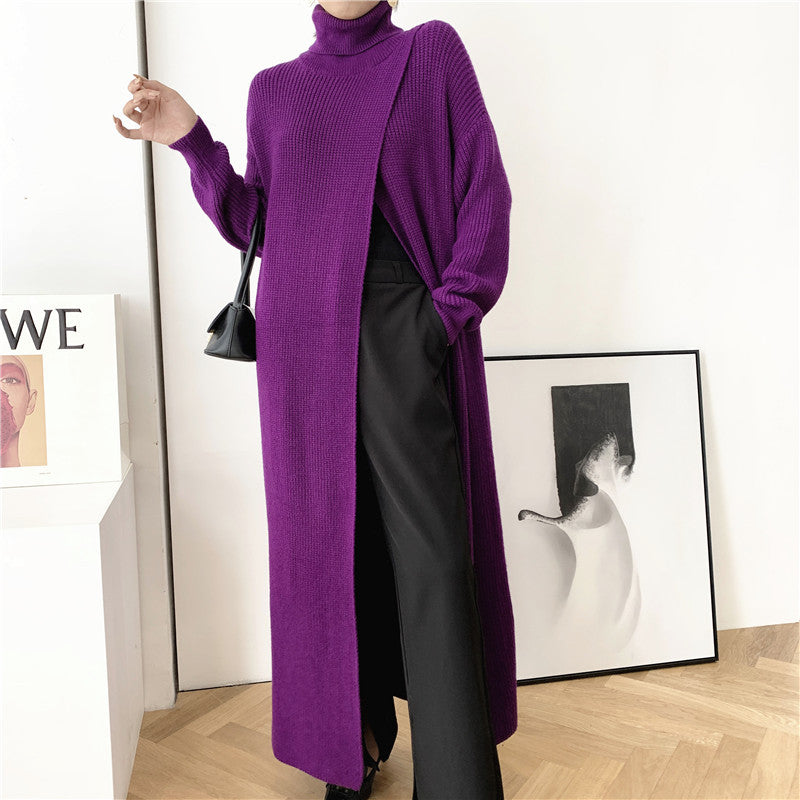 European and American goddess fan long knitted turtleneck sweater long skirt pullover bottoming with slit inside