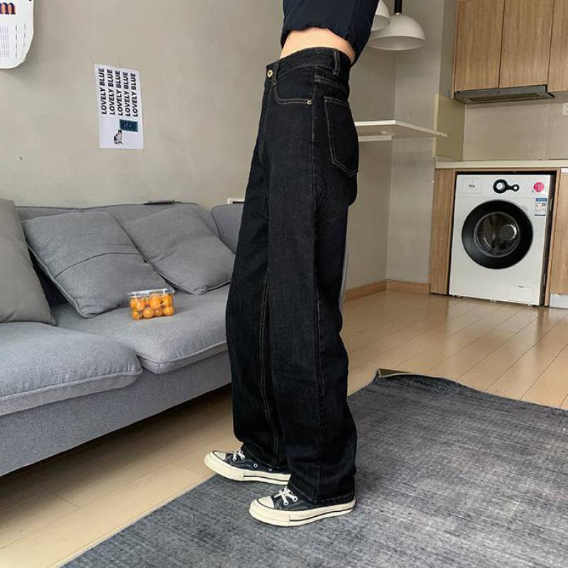 New jeans straight tube Korean version loose black retro high waist wide leg pants