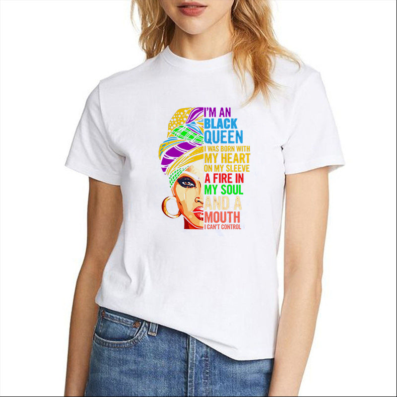 European and American Casual Cartoon Feminism Cartoon African Girl Printed Ladies T-shirt