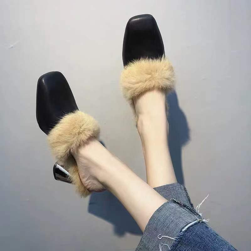 New furry half-drag single shoes women's outer wear square toe thick heel slippers Baotou all-match high heels