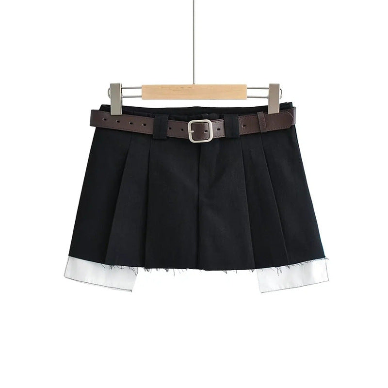 College style burr design tooling skirt sweet girl short skirt new metal buckle belt A-line skirt