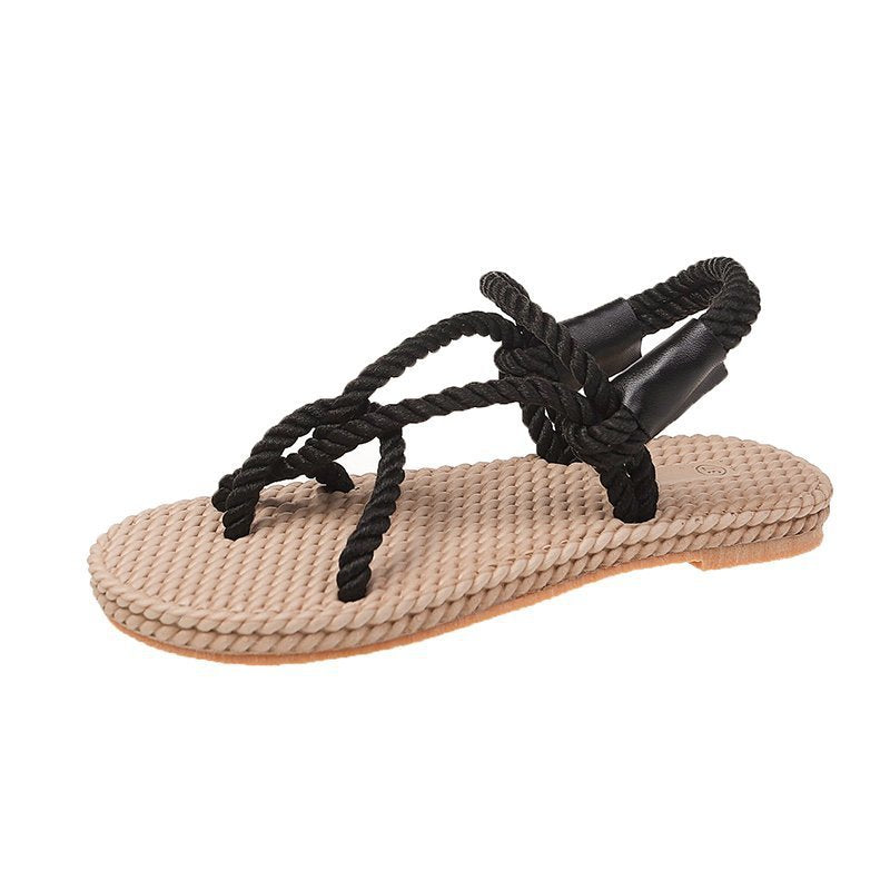 Hemp rope sandals women new style flat women's shoes comfortable set toe cross strap casual beach sandals