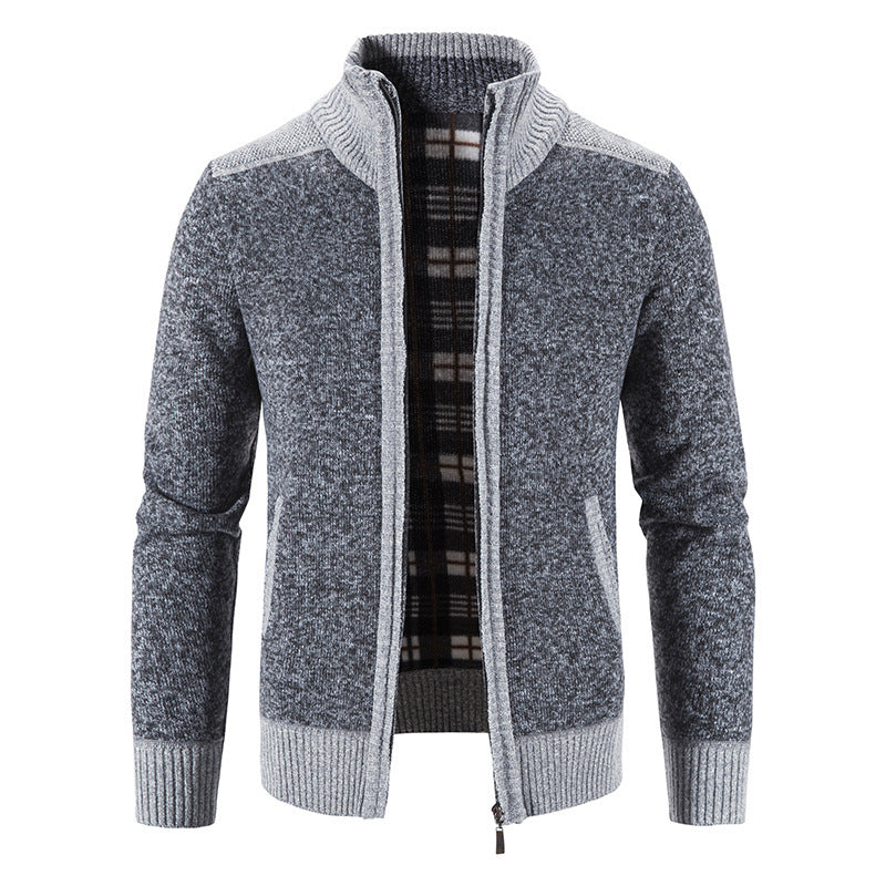 European and American men's clothing plus fleece thick autumn and winter knitted sweater splicing sweater jacket