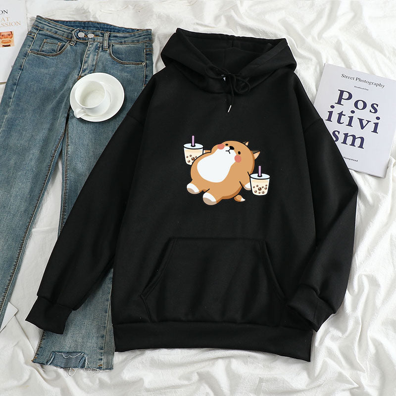 European and American cross-border autumn and winter new loose women's clothing aesthetic illustration Shiba Inu drinking milk tea hooded sweatshirt sweater