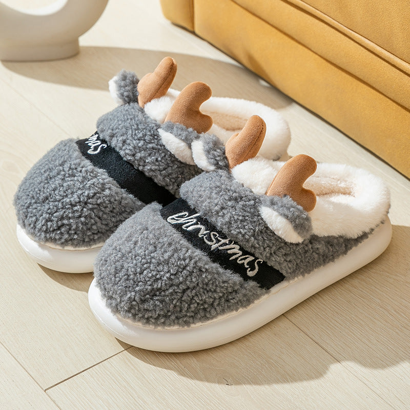 Cartoon cotton slippers winter Christmas deer cute home indoor home thick bottom warm slippers couple