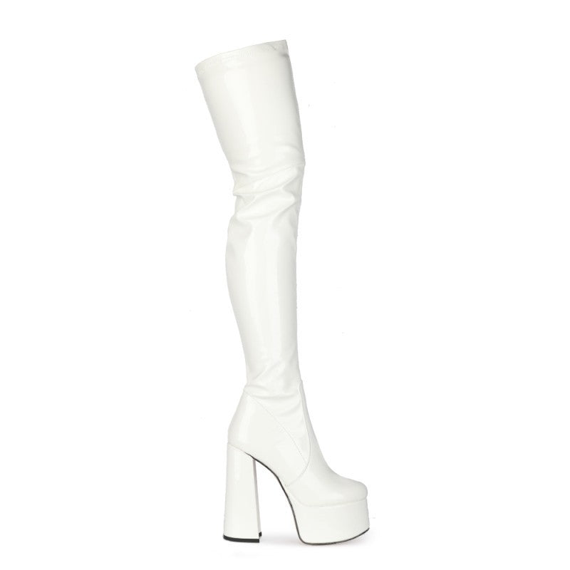 Fashion new style thick-heeled patent leather round-toe high-heeled white over-the-knee boots women's boots