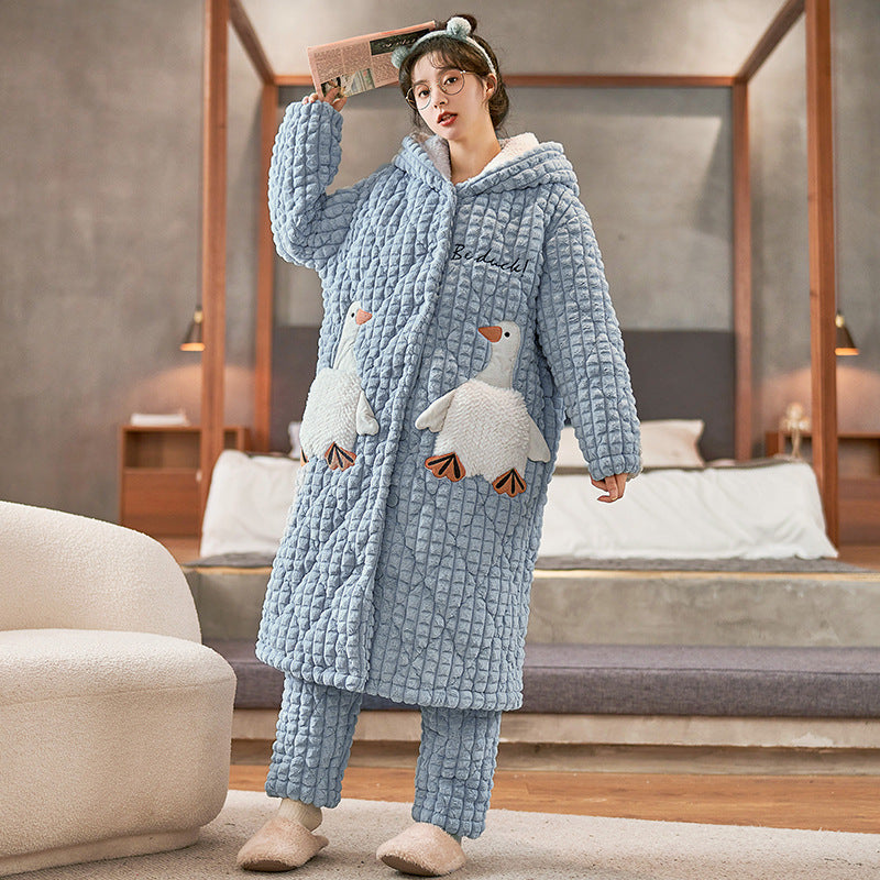 New coral fleece pajamas for ladies plus velvet thickened three-layer quilted mid-length nightgown can be worn as home clothes