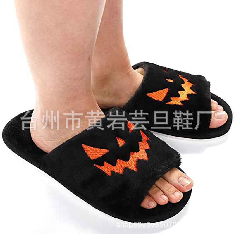 Slippers Women's Halloween Pumpkin Lantern Slippers Soft Plush Comfort Open Toe Outer Wear Plush Slippers