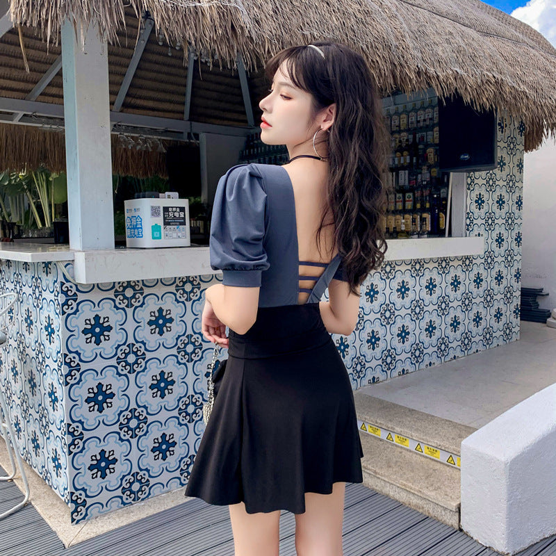 Women's conservative one-piece two-piece skirt cover belly slimming Korean INS style hot spring swimming