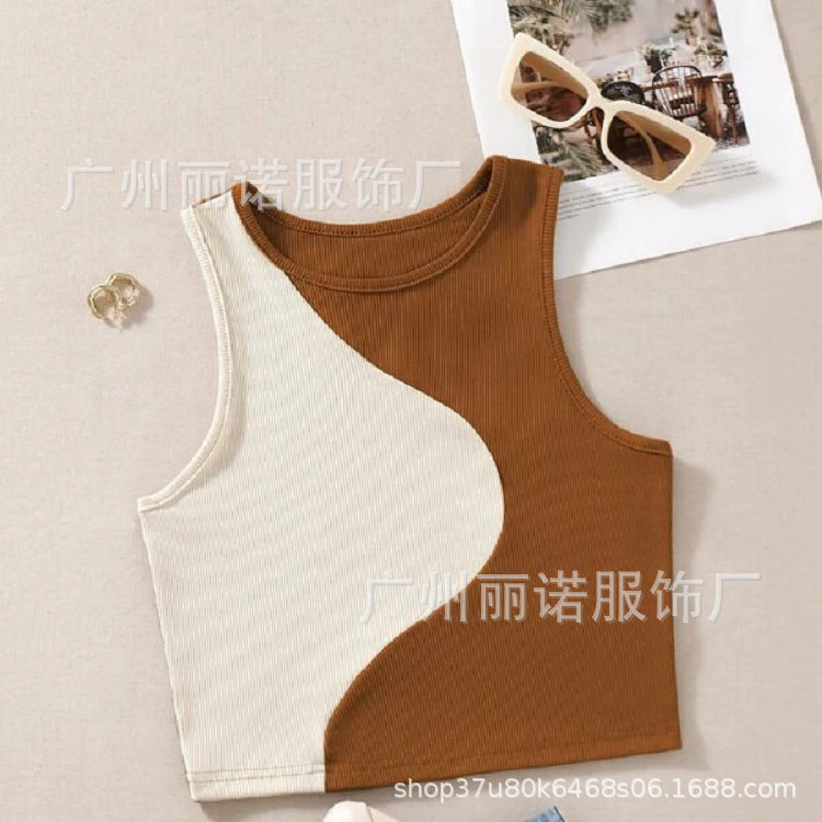 European and American New Ladies Thread Knit Colorblock Sleeveless Sexy T-Shirt