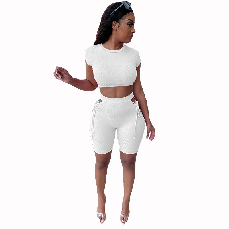 European and American fashion pit strip round neck short-sleeved T-shirt hollow bandage five-point pants suit