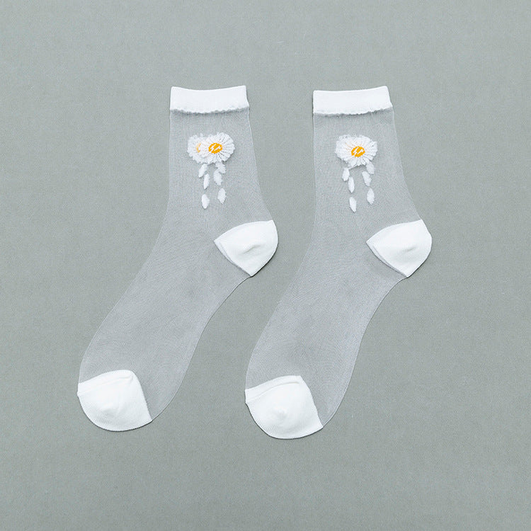 Small daisy card stockings tube women's socks ins tide glass silk socks women summer light and breathable pile socks