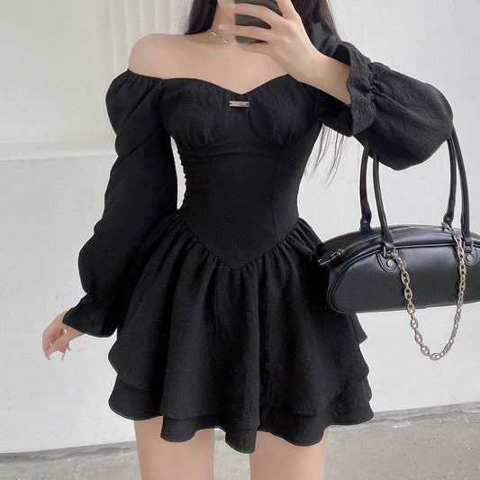 European and American temperament square collar bubble long sleeves meet boyfriend dating skirt carefully machine exposed collarbone waist show chest double-layer short skirt