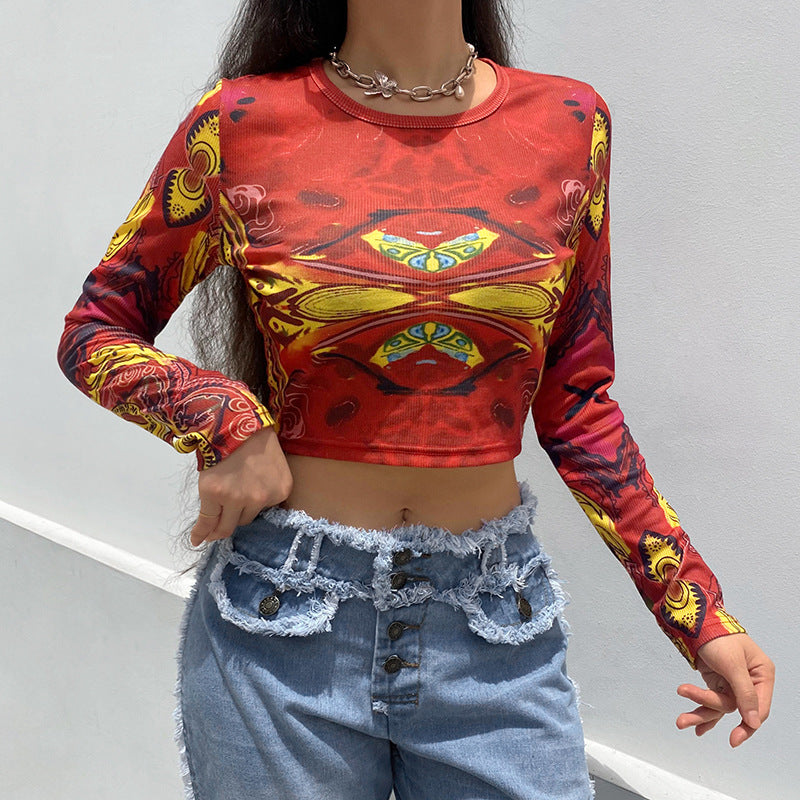 European and American street retro symmetrical print ribbed top