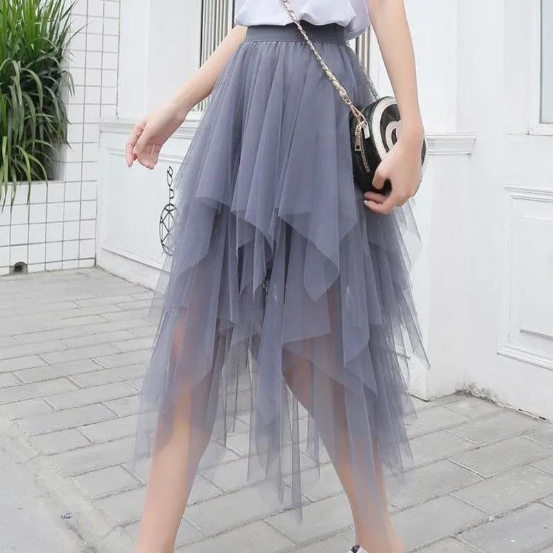 European and American irregular hem irregular mesh stitching fluffy skirt high waist gauze skirt fairy mid-length skirt