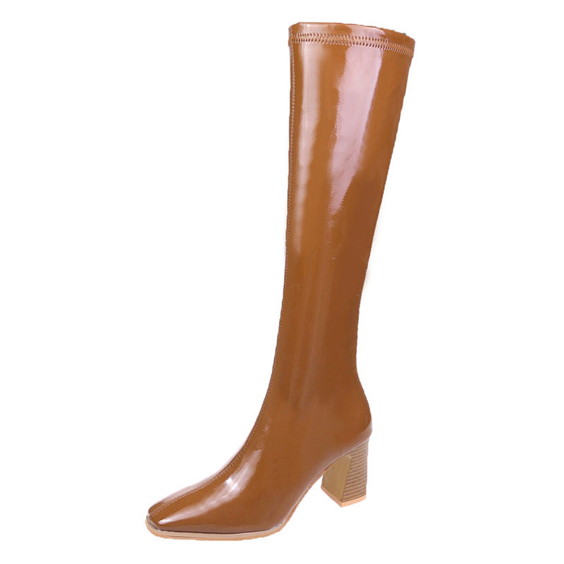 Patent leather square toe deep mouth thick high heels thin side zipper high tube fashion boots