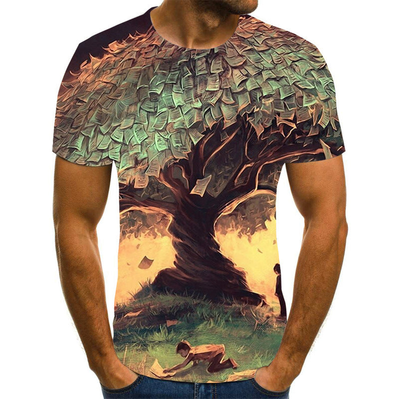 European and American cross-border new couple printing T-shirts, beautiful scenery 3D digital printing men's short sleeves