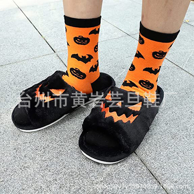 Slippers Women's Halloween Pumpkin Lantern Slippers Soft Plush Comfort Open Toe Outer Wear Plush Slippers