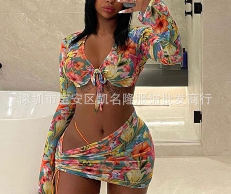 European and American printed umbilical long-sleeved irregular drawstring miniskirt suit