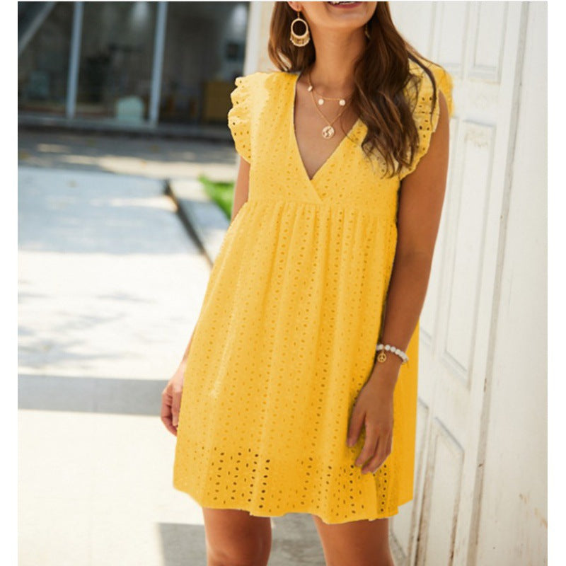 European and American V-neck short-sleeved lace dress