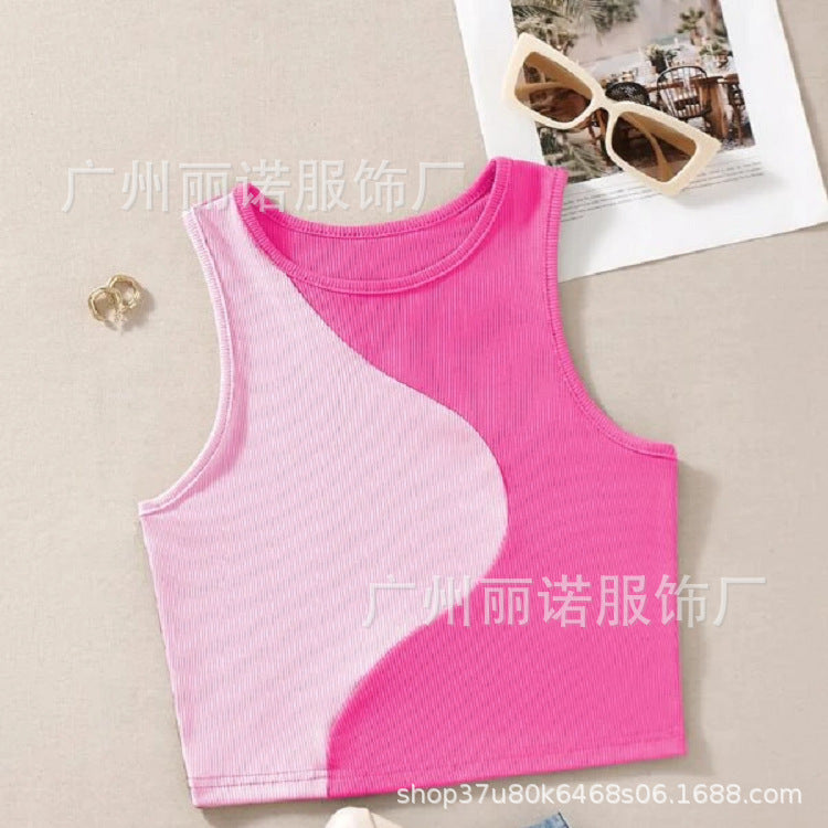 European and American New Ladies Thread Knit Colorblock Sleeveless Sexy T-Shirt