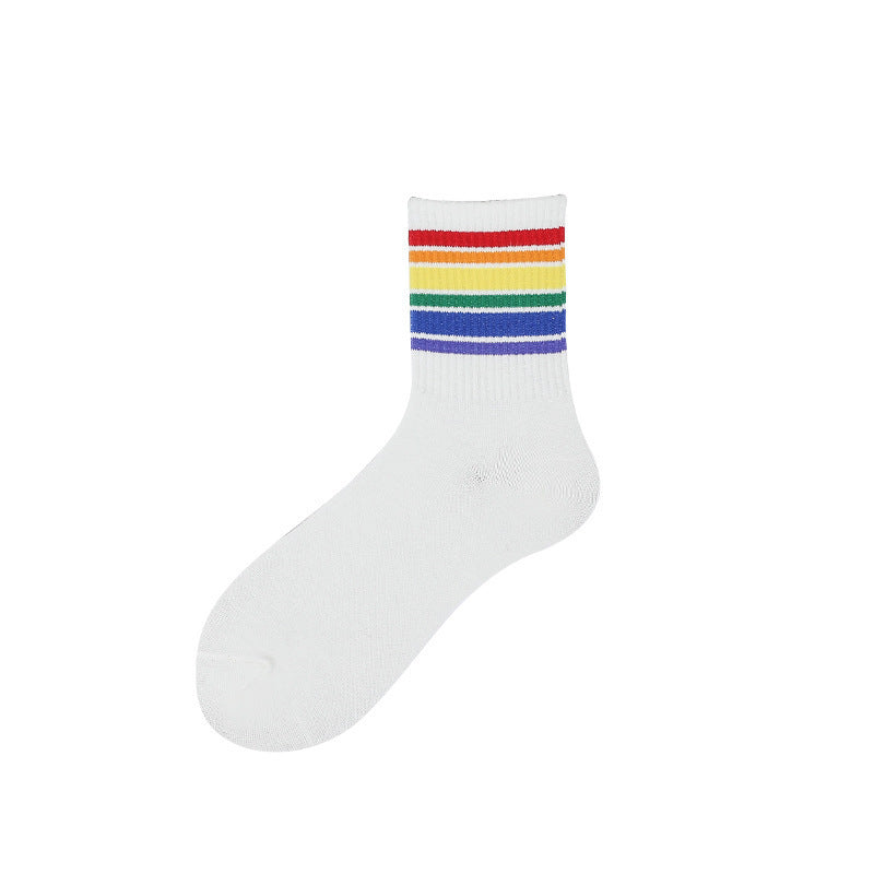 Socks female spring rainbow socks ladies simple medium tube cotton socks fresh striped cotton stockings