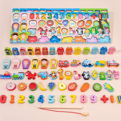 Montessori puzzle fishing logarithmic board toys kindergarten children's enlightenment spell inserting puzzle wooden toys