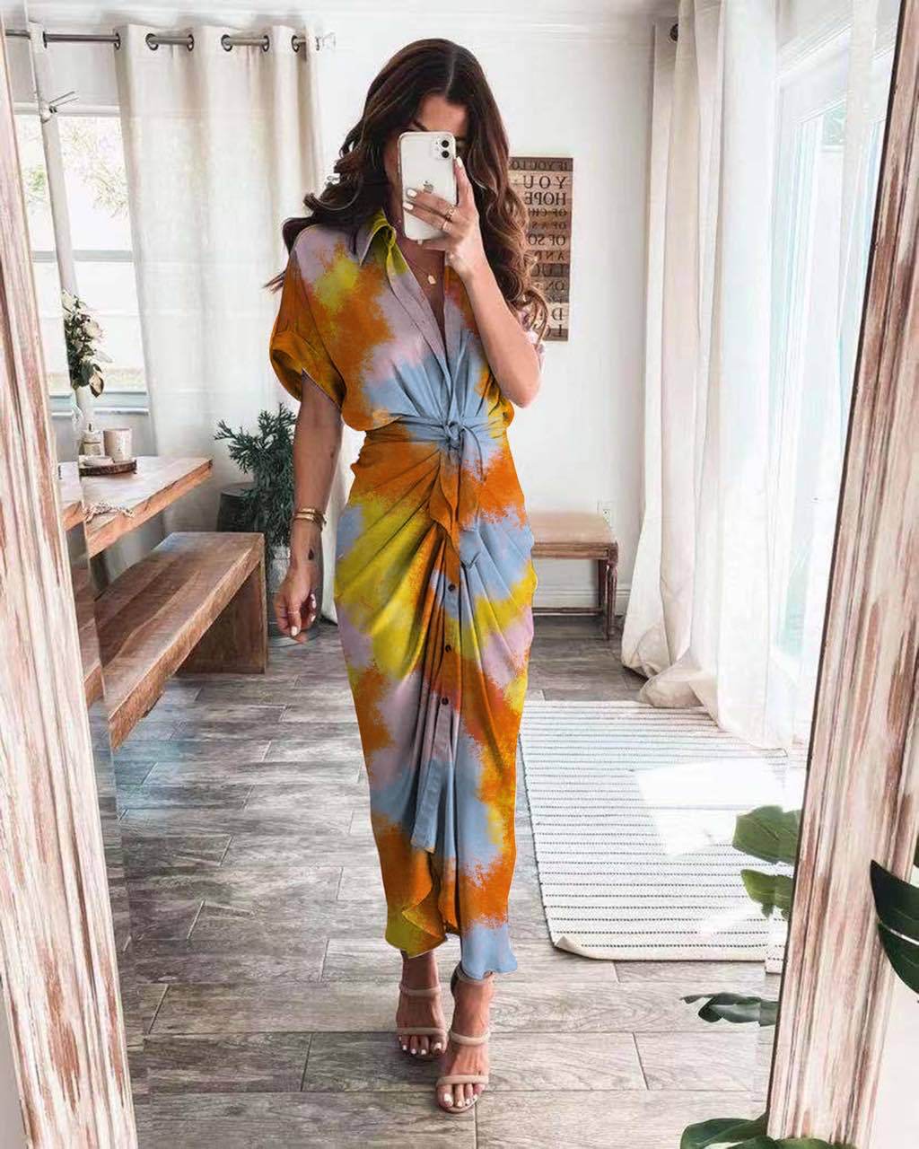 European and American shirt long skirt fashion printed dress