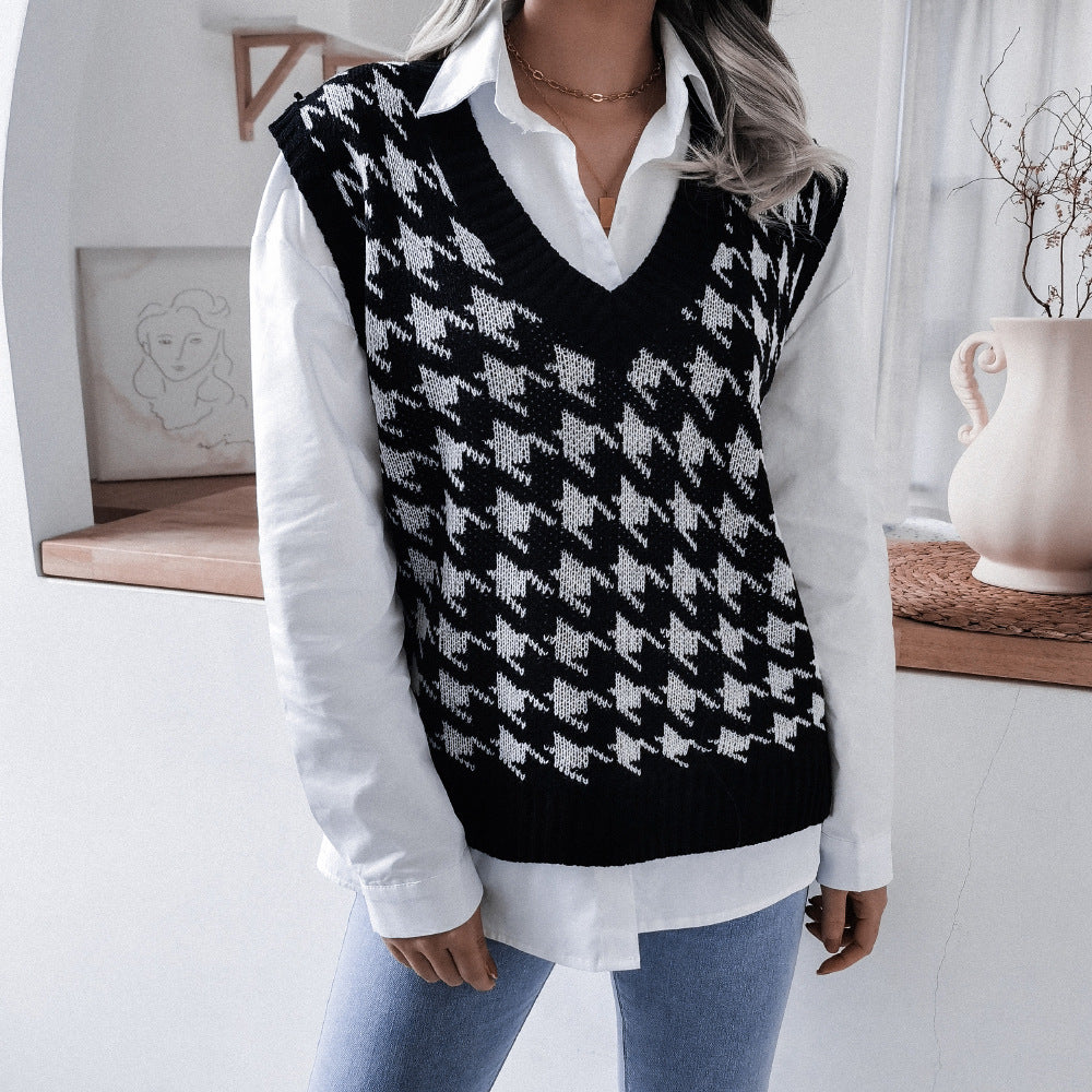 European and American V-neck houndstooth casual loose knitted vest sweater vest