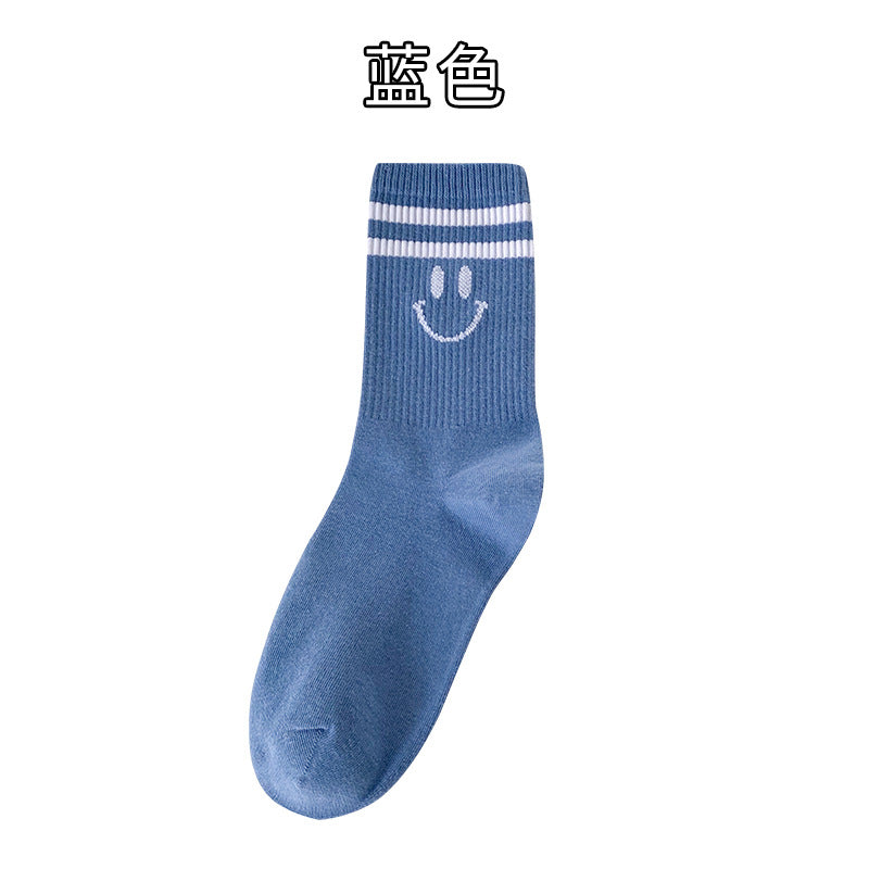 Female cute cotton socks striped tube socks ins tide smiley face two-bar stockings