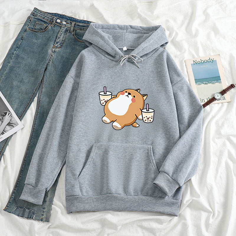 European and American cross-border autumn and winter new loose women's clothing aesthetic illustration Shiba Inu drinking milk tea hooded sweatshirt sweater